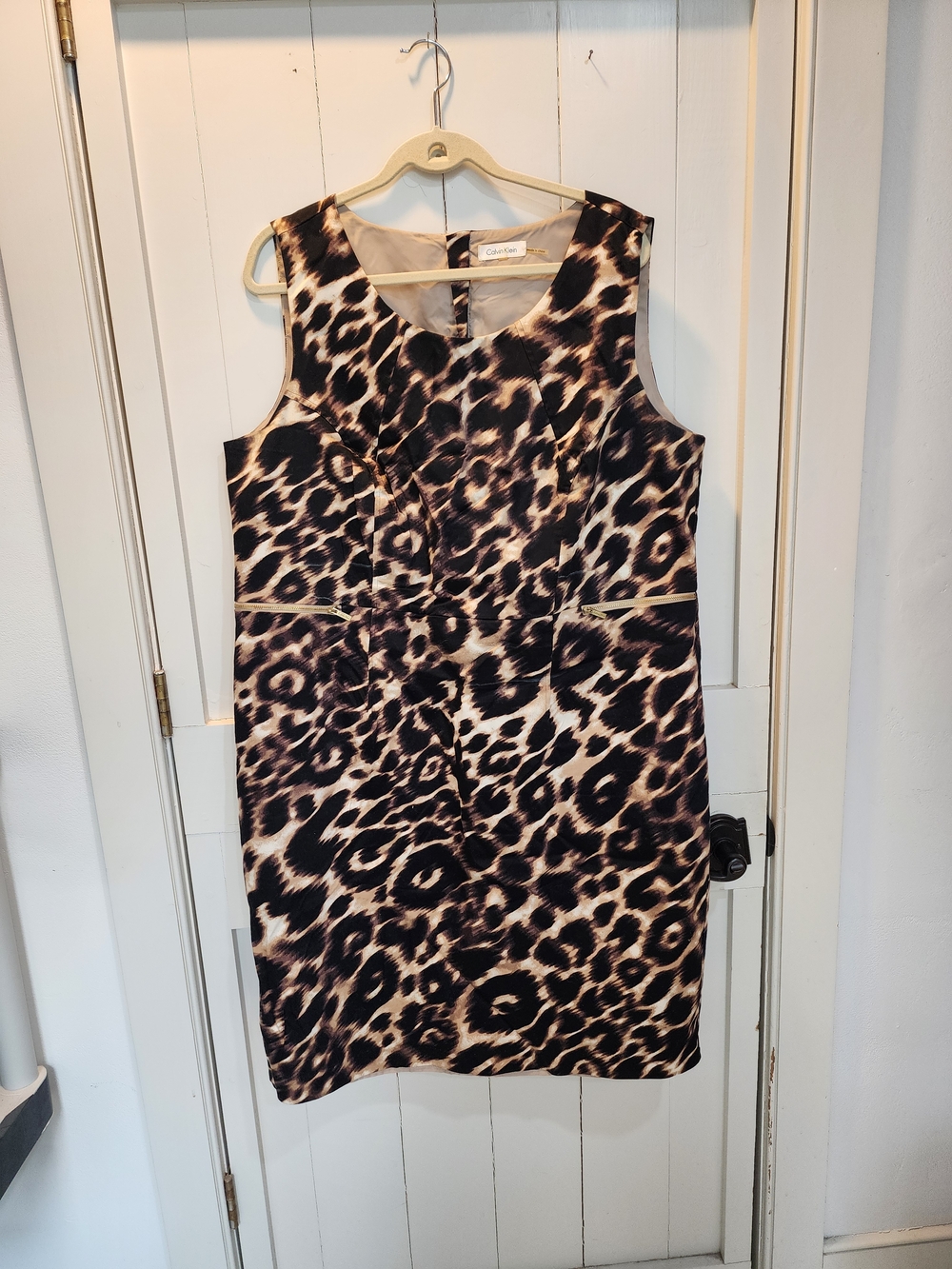 Calvin Klein Neutral Tone Dress with Leopard Accent Gold Zipper Size 20